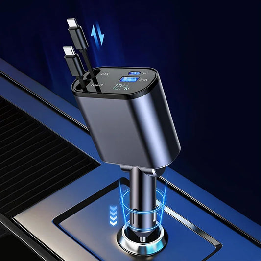 100w 4 IN 1 Retractable Car Charger USB Type C Cable For IPhone or Samsung. Fast Charge Cord Cigarette Lighter Adapter